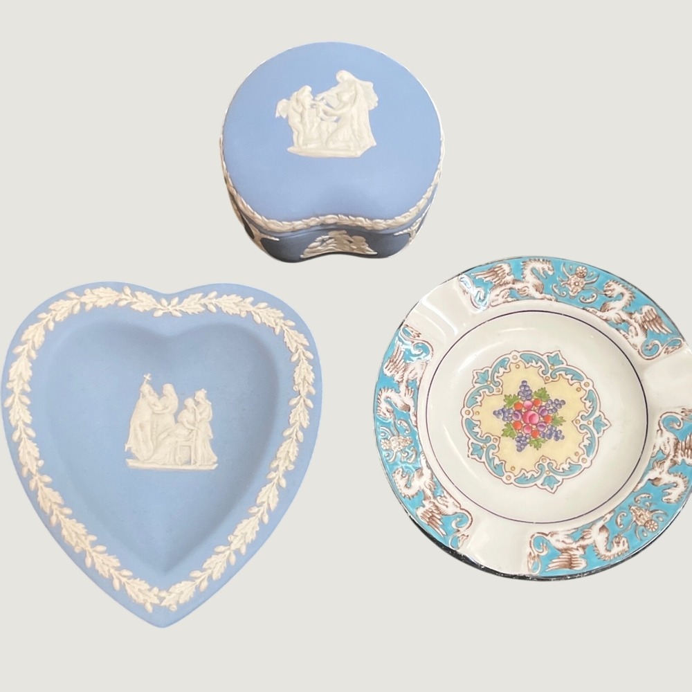 Wedgwood Jasperware Blue Heart Dish,Kidney Box ,Florentine Turquoise Ashtray Set